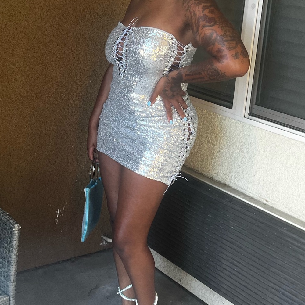 Silver sexy strapless mini dress great look for any celebration
